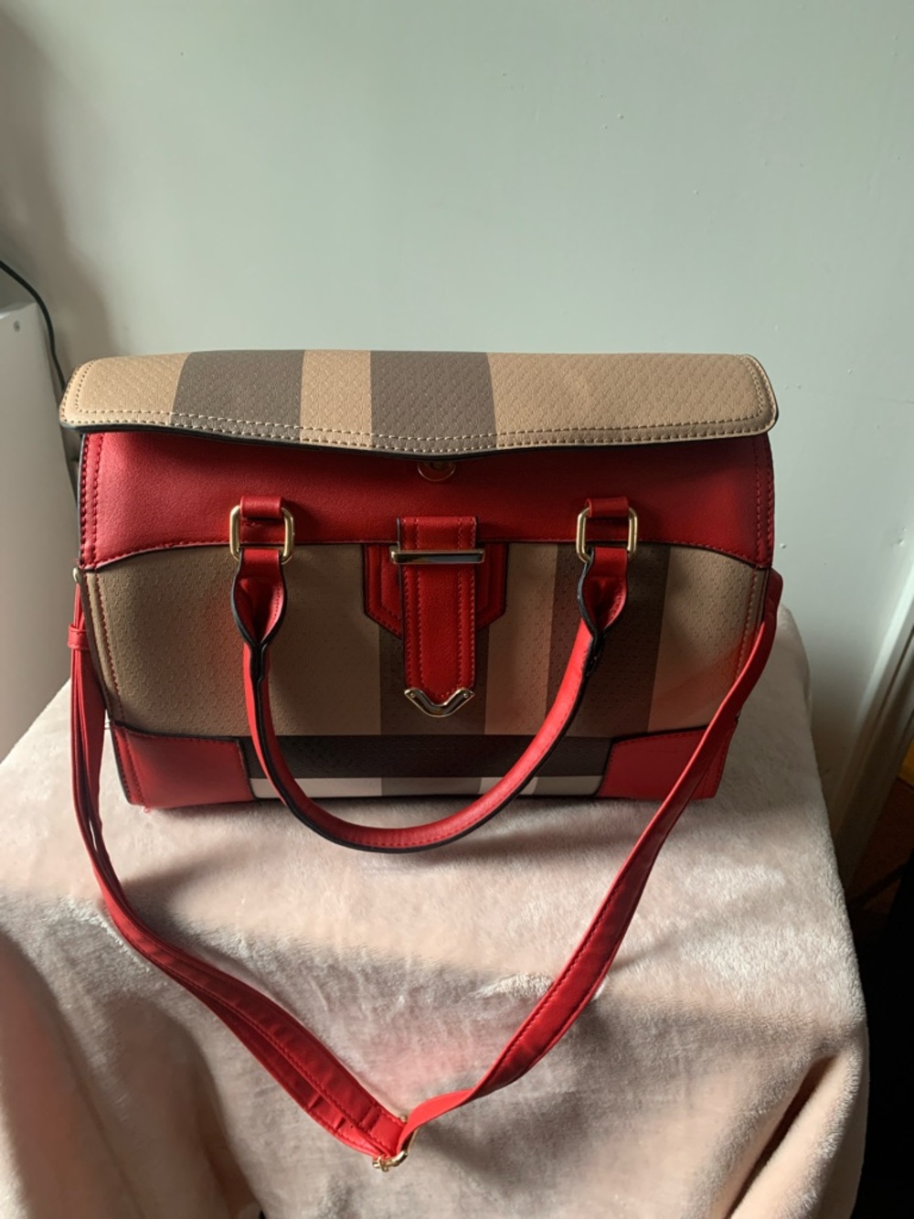 Red and Beige Striped Satchel Handbag - Fashionable Women’s Bag